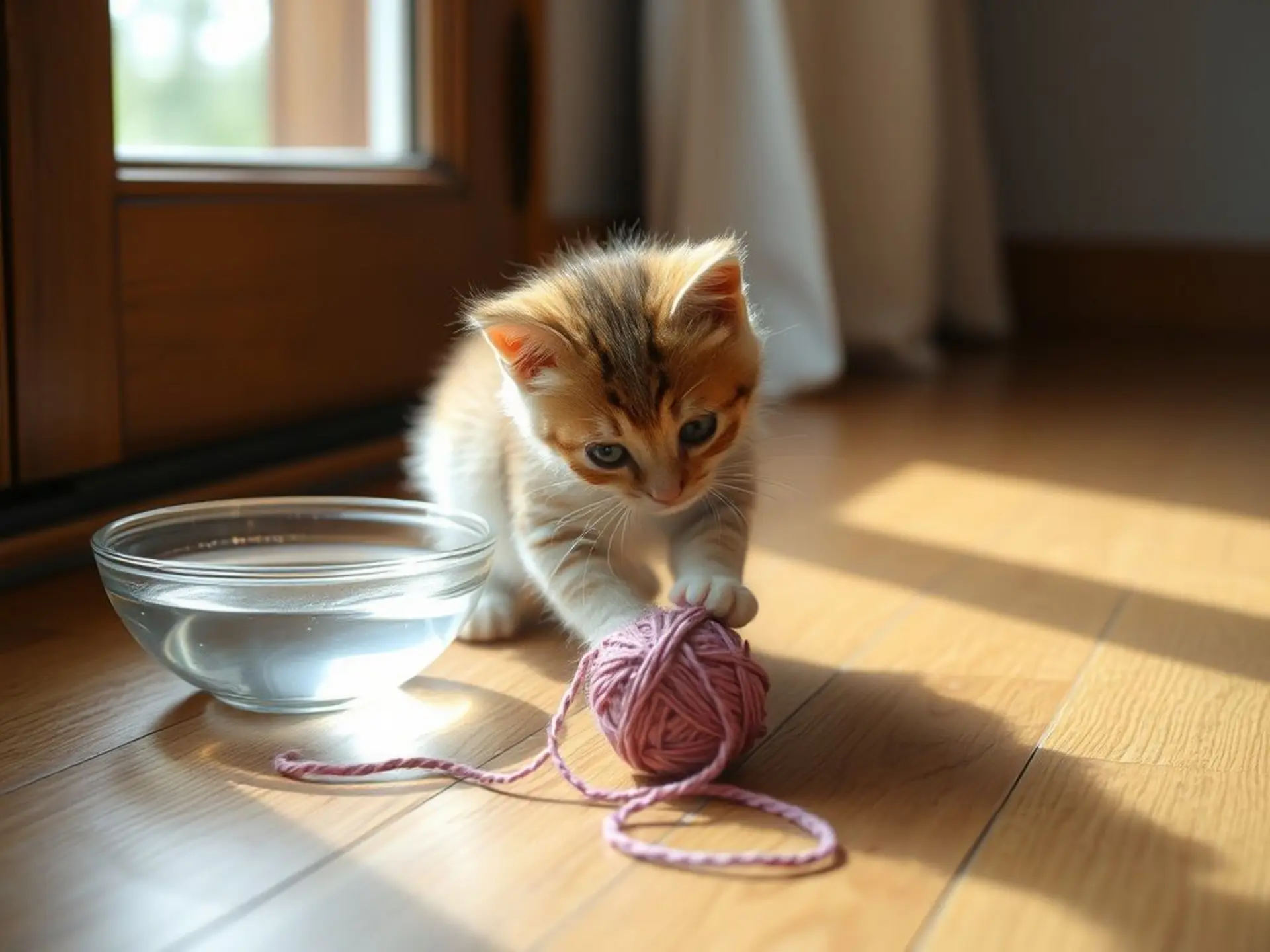 Котенок играет с клубком ниток на деревянном полу, рядом миска с водой и солнечный свет из окна