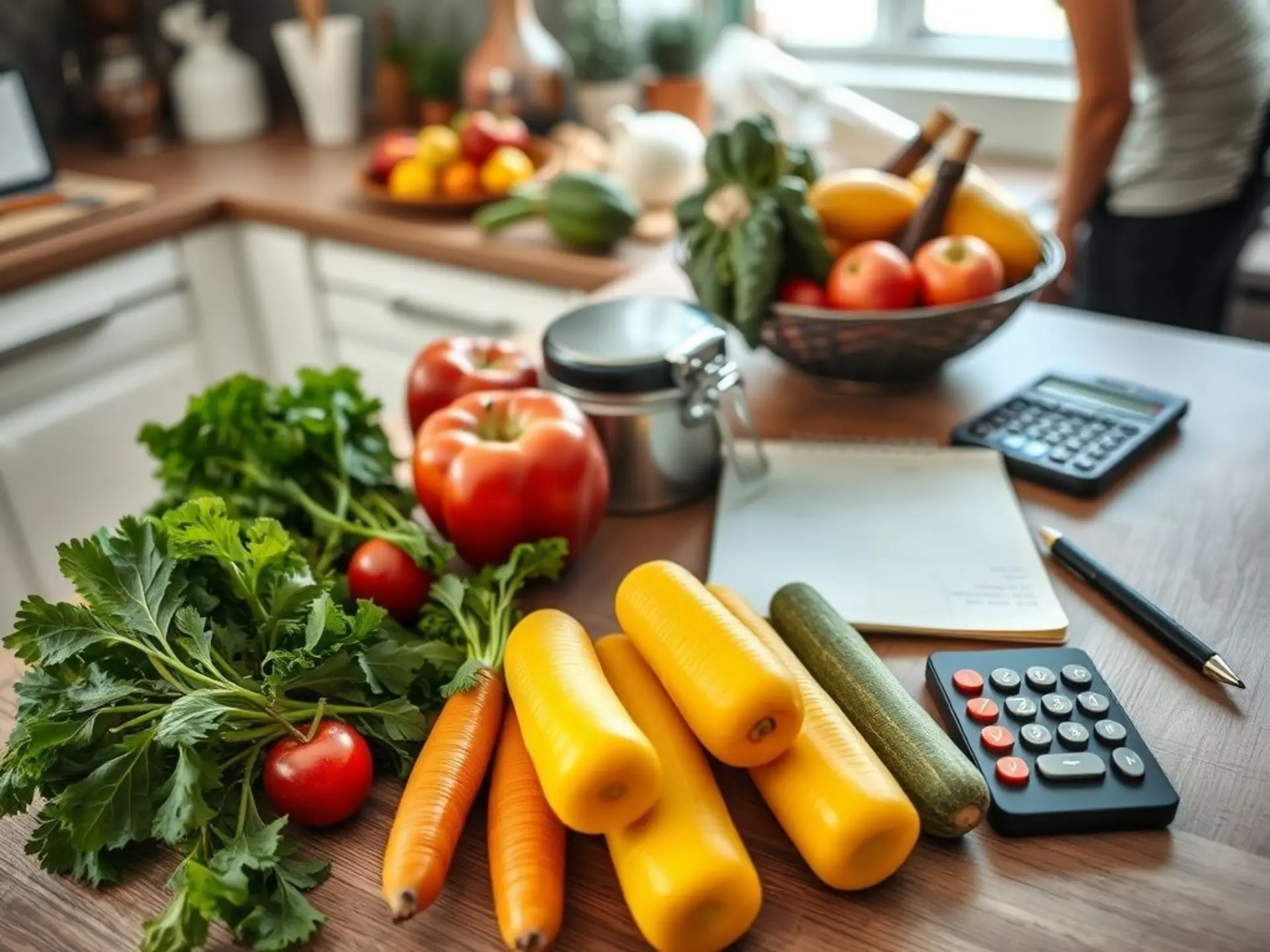 Кухонный стол с разложенными свежими овощами, фруктами и другими продуктами. Рядом лежит блокнот с ручкой и калькулятор для подсчёта расходов. Общий стиль — уютный домашний натюрморт.