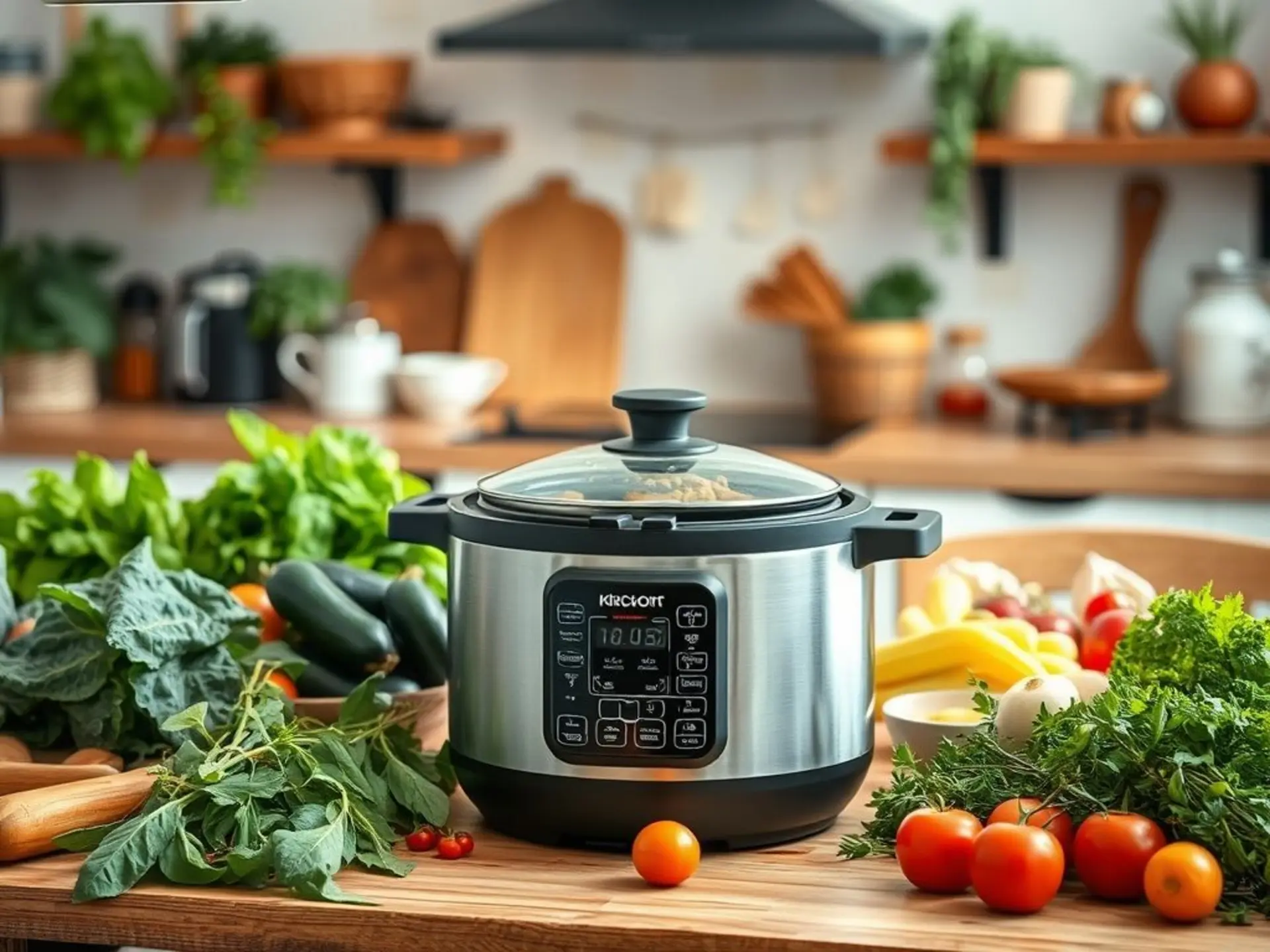 Мультиварка на кухонном столе, окруженная свежими овощами и зеленью. Теплый свет, уютная атмосфера домашней готовки.