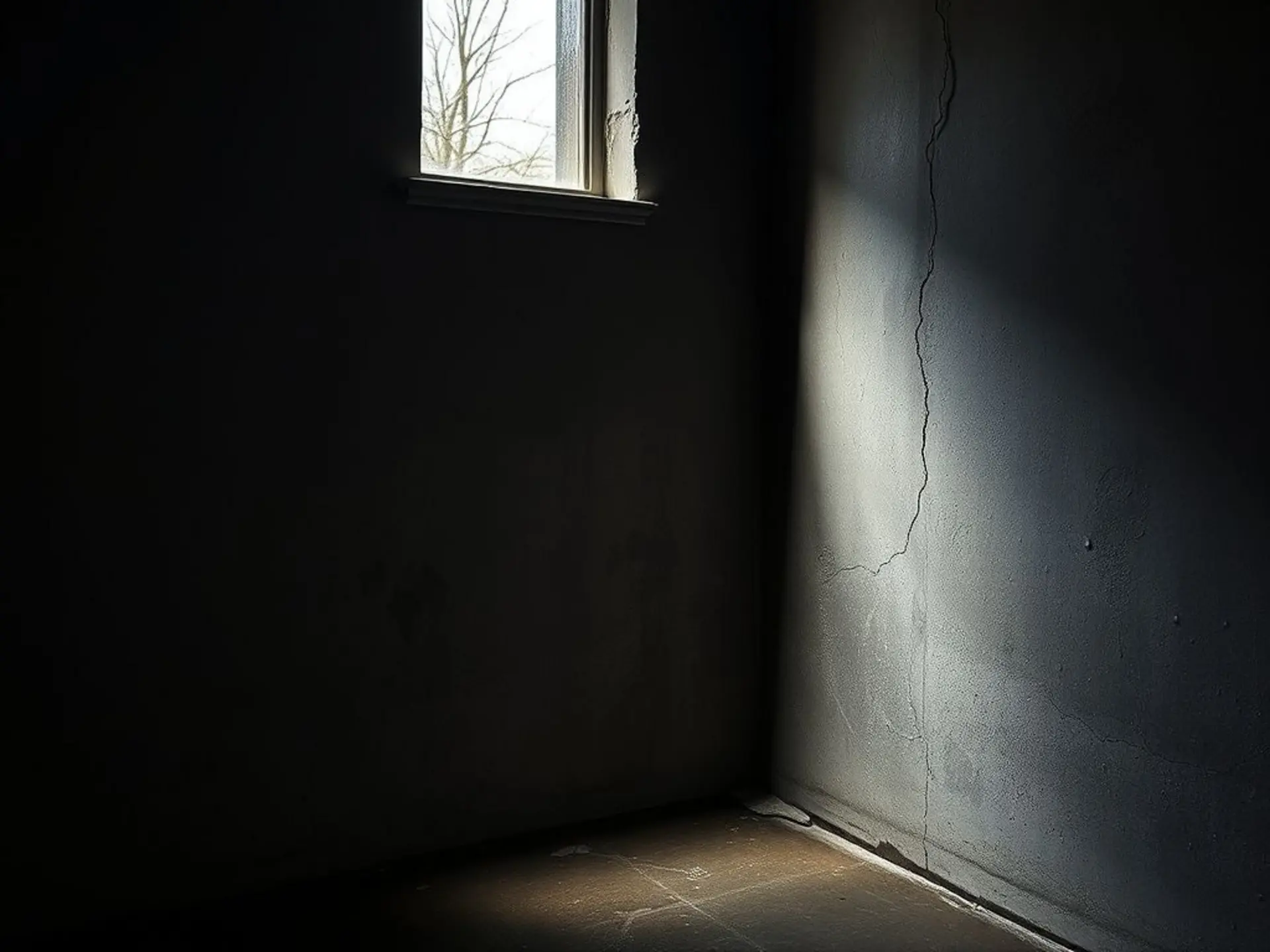 A dimly lit basement concrete wall with visible damp patches. Water droplets glistening on a freshly applied dark gray penetrating sealant. Moist soil visible outside through a small high window.
