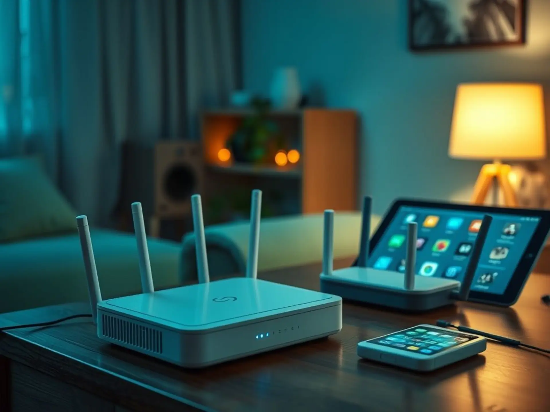 Уютный дом, на столе исправно работающий Wi-Fi роутер и несколько маршрутизаторов, рядом смарт-лампа, на заднем фоне планшет с иконками приложений. Изображение в технических сине-зеленых тонах
