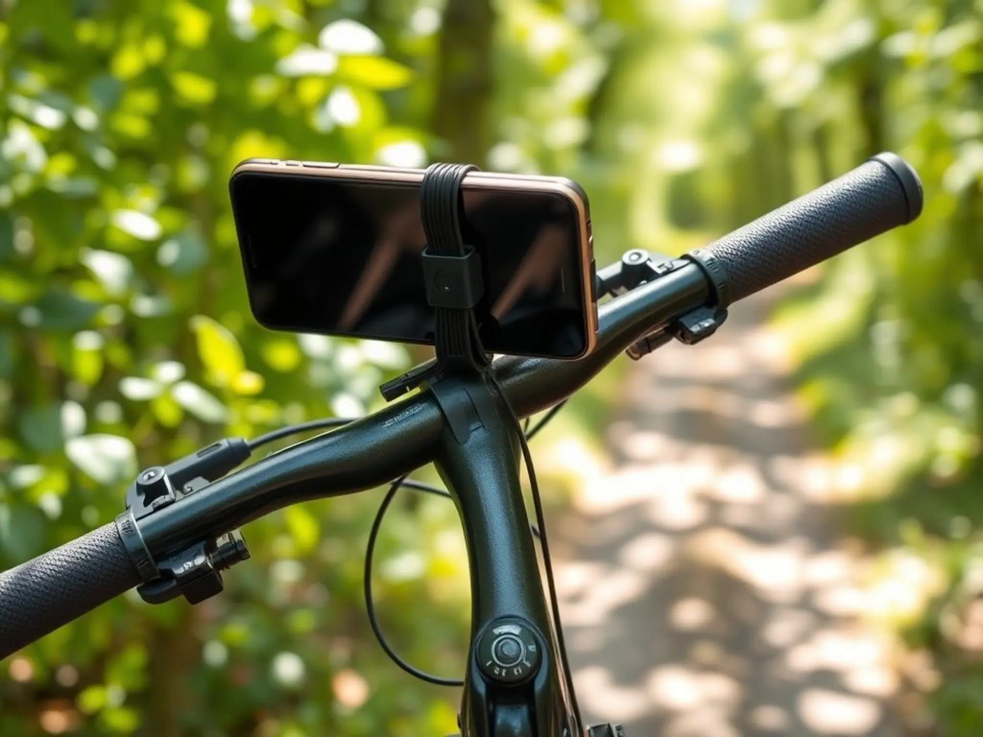 A sturdy bicycle handlebar with a DIY phone holder made from plastic parts and black wire, securely holding a smartphone. Handlebar on a sunny forest trail path with green foliage in soft focus. Minimalist mechanical details, no humans or text visible.