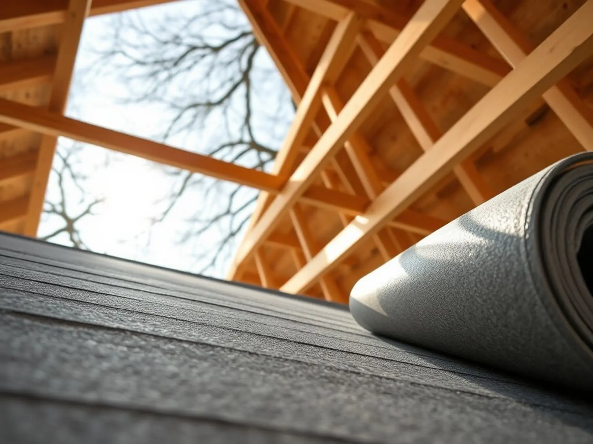 Close-up of rolled-up roof underlayment material with visible texture, contrasting against newly installed roof rafters. Daylight filtered through the unfinished roof structure highlights the material's layers. Tree branches and sky are visible in the background through the rafters.