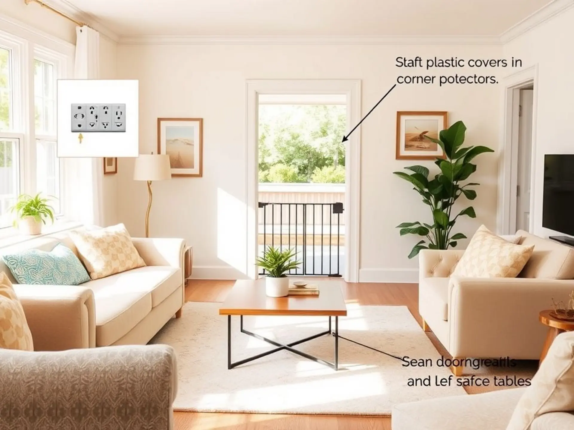 A bright, cozy living room with soft furnishings. Show safety features: plastic covers on electrical outlets, corner protectors on a low coffee table, and a safety gate in a doorway. Soft natural lighting, no people or text visible.