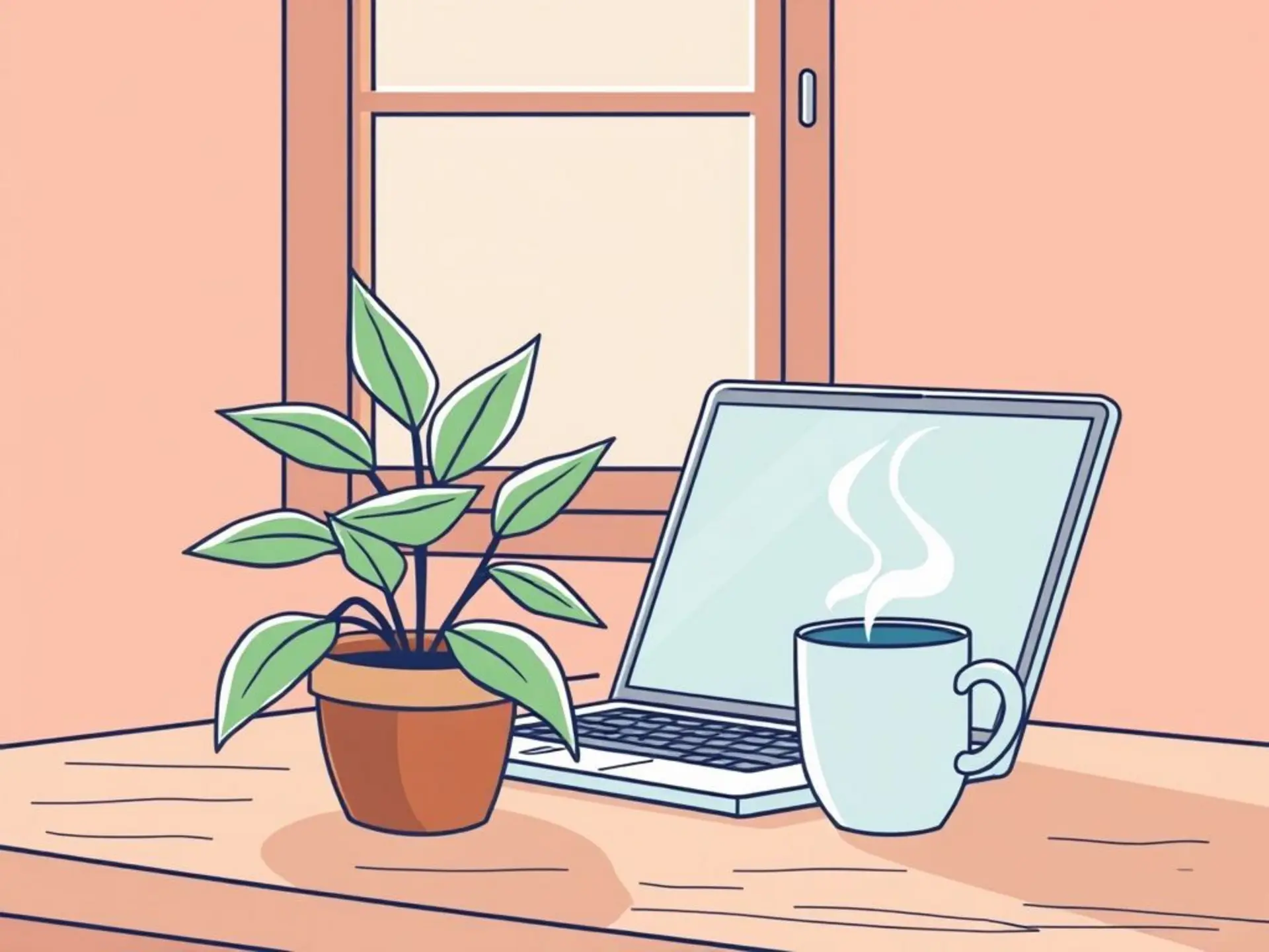 A cozy plant sitting near an open laptop on a wooden desk, a steamy mug beside it. Soft natural light through a window casting gentle shadows. Simple line art style with calming pastel colors.