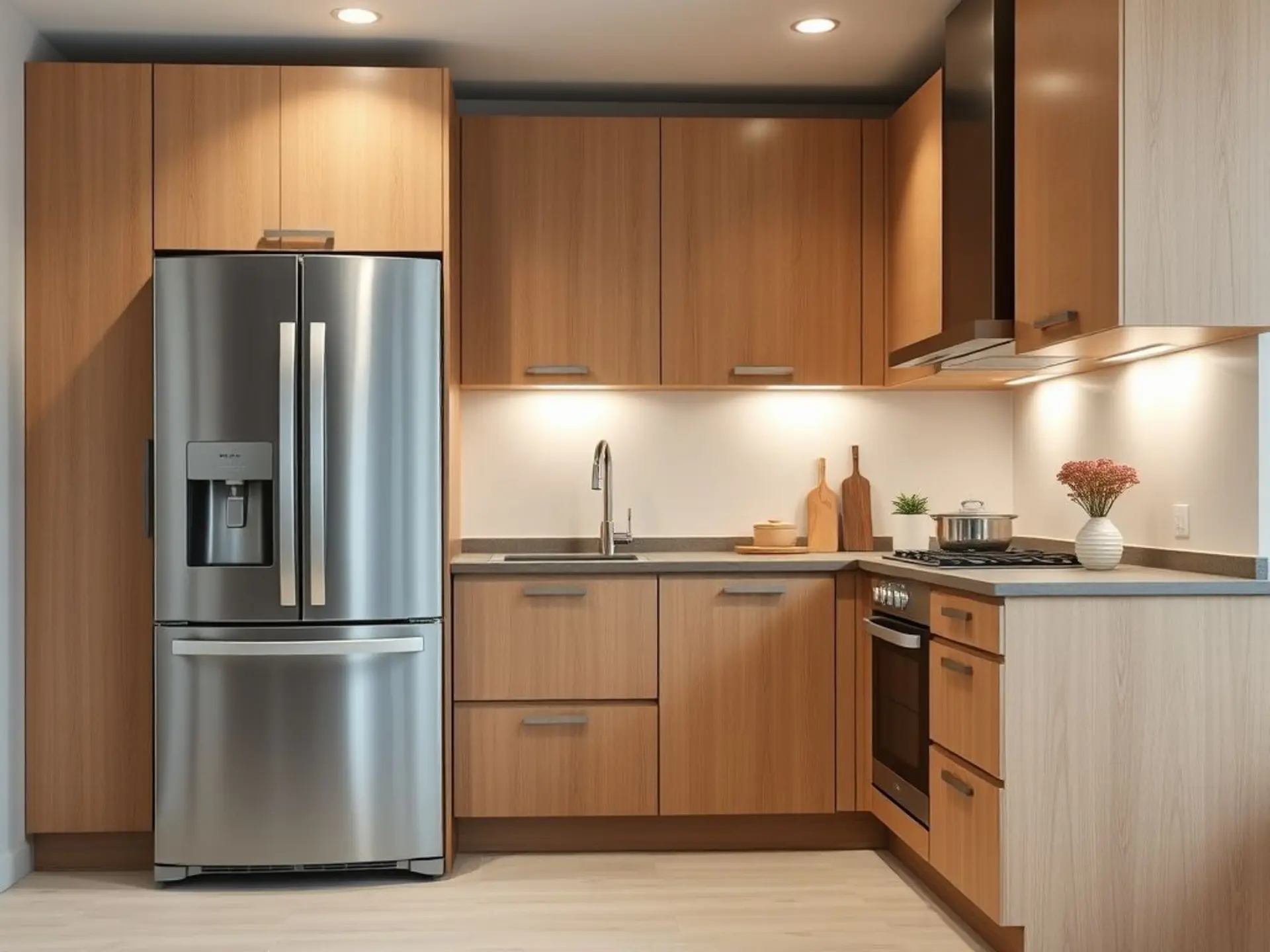 Modern kitchen interior with harmoniously integrated appliances: stainless steel fridge blending with matte cabinets, oven facade matching warm oak panels, minimalist design. Soft lighting, pastel accents, no visible cords.