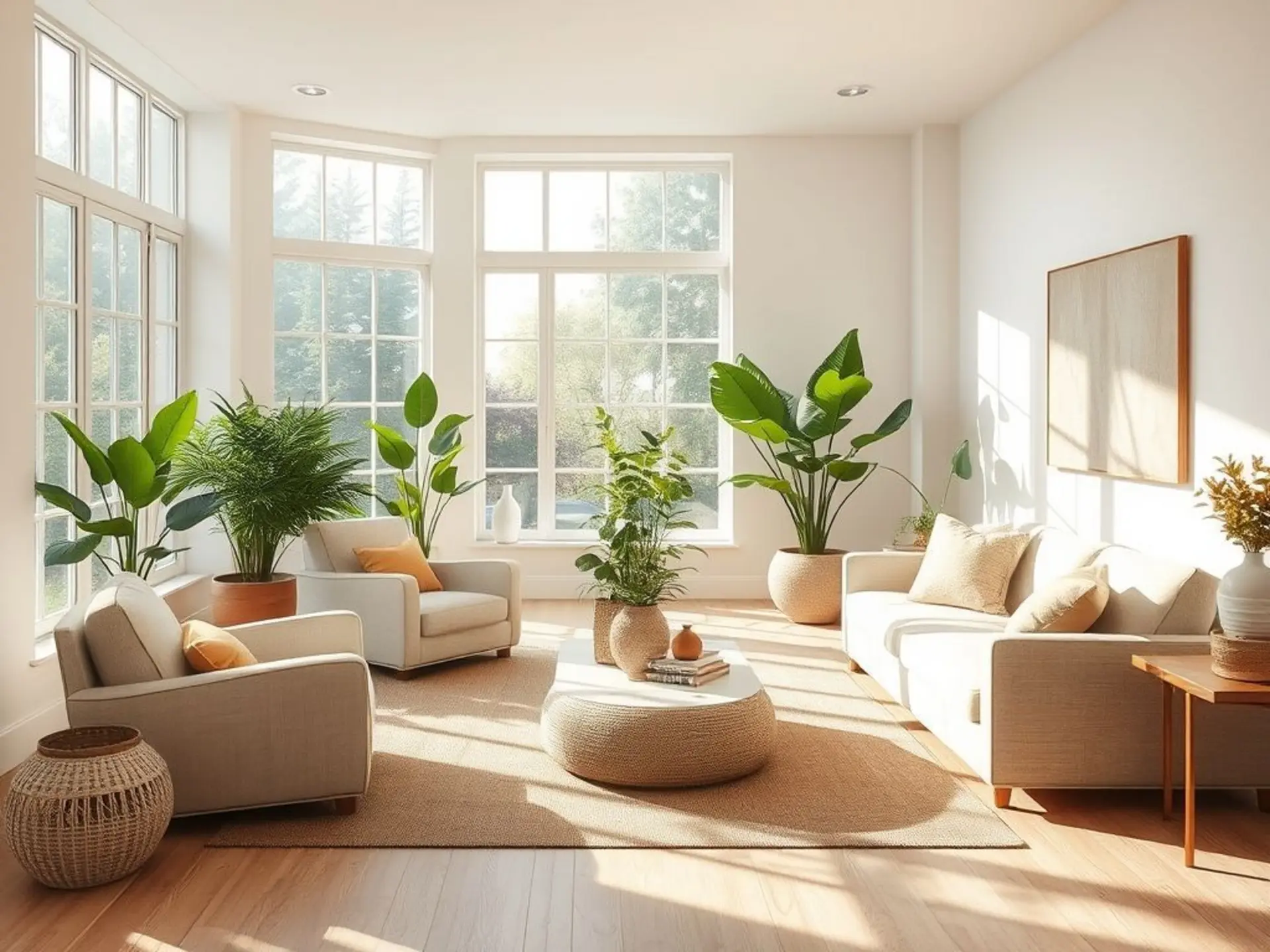 A cozy living room interior with a soft neutral color palette. Large windows with sunlight streaming in, potted plants in corners, comfortable seating arranged with breathing space, soft rugs underfoot. Emphasize warm textures and uncluttered surfaces.