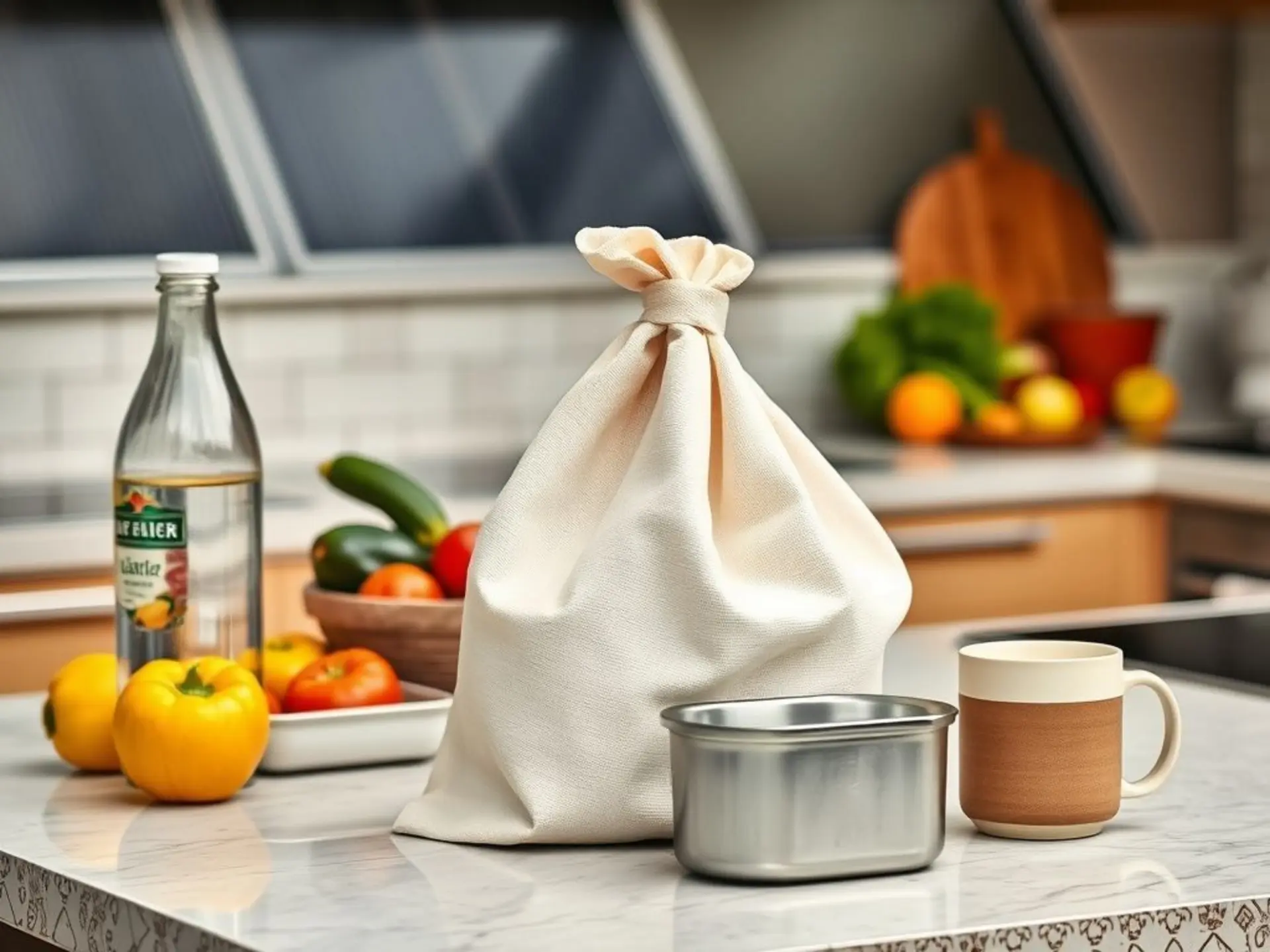 Солнечная кухонная столешница с многоразовой стеклянной бутылкой для воды, холщовой сумкой сложенной в форме треугольника, металлической коробкой для ланча и керамической чашкой. Рядом лежат несколько свежих фруктов и овощей. Стиль фотореалистичный, свет мягкий и теплый.