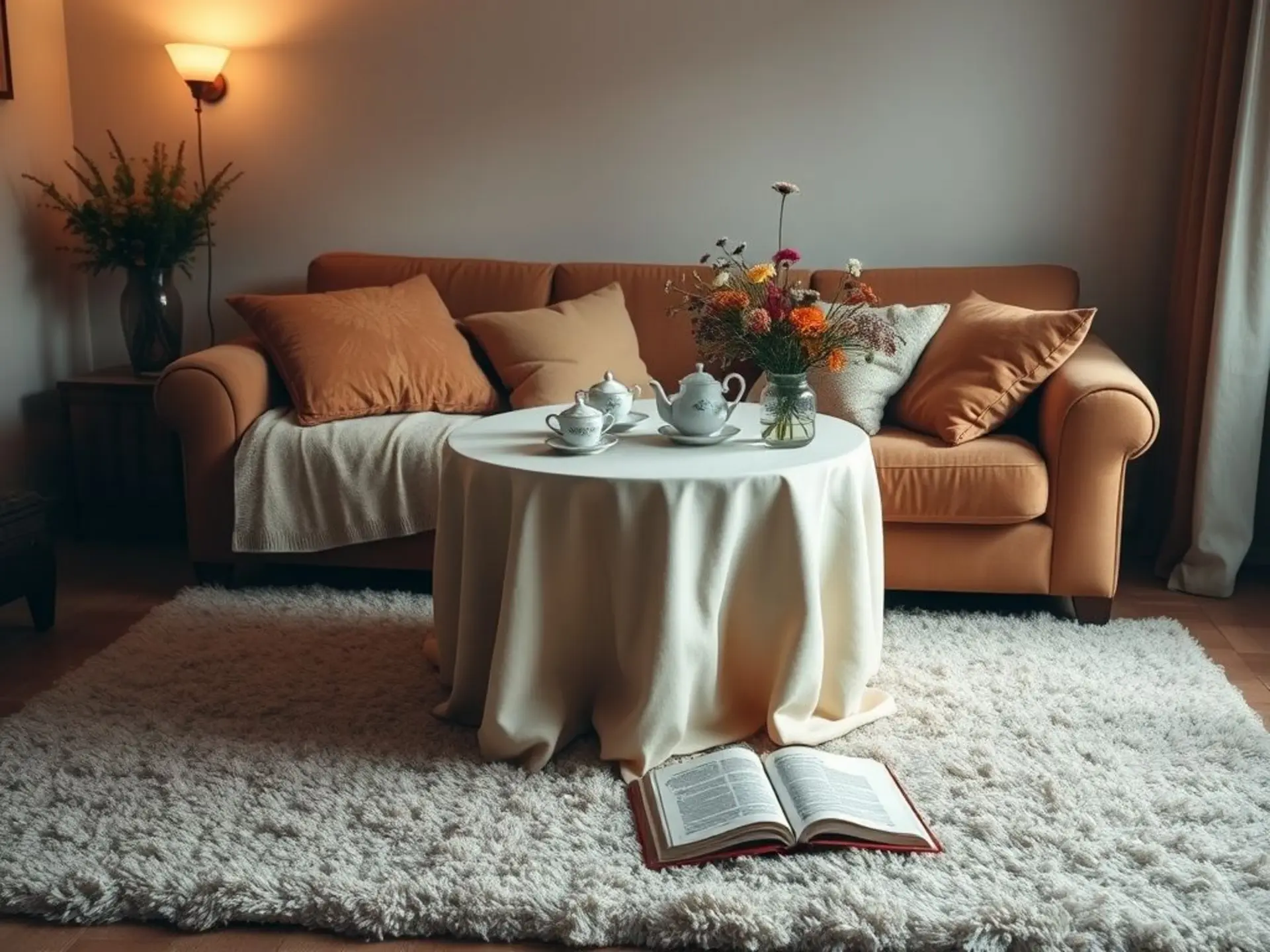 Уютная домашняя гостиная с накрытым столом для чаепития. Мягкое освещение, пушистый ковер, декоративные подушки на диване. На столе - сервиз с чашками, ваза с полевыми цветами и книга. Никаких людей.