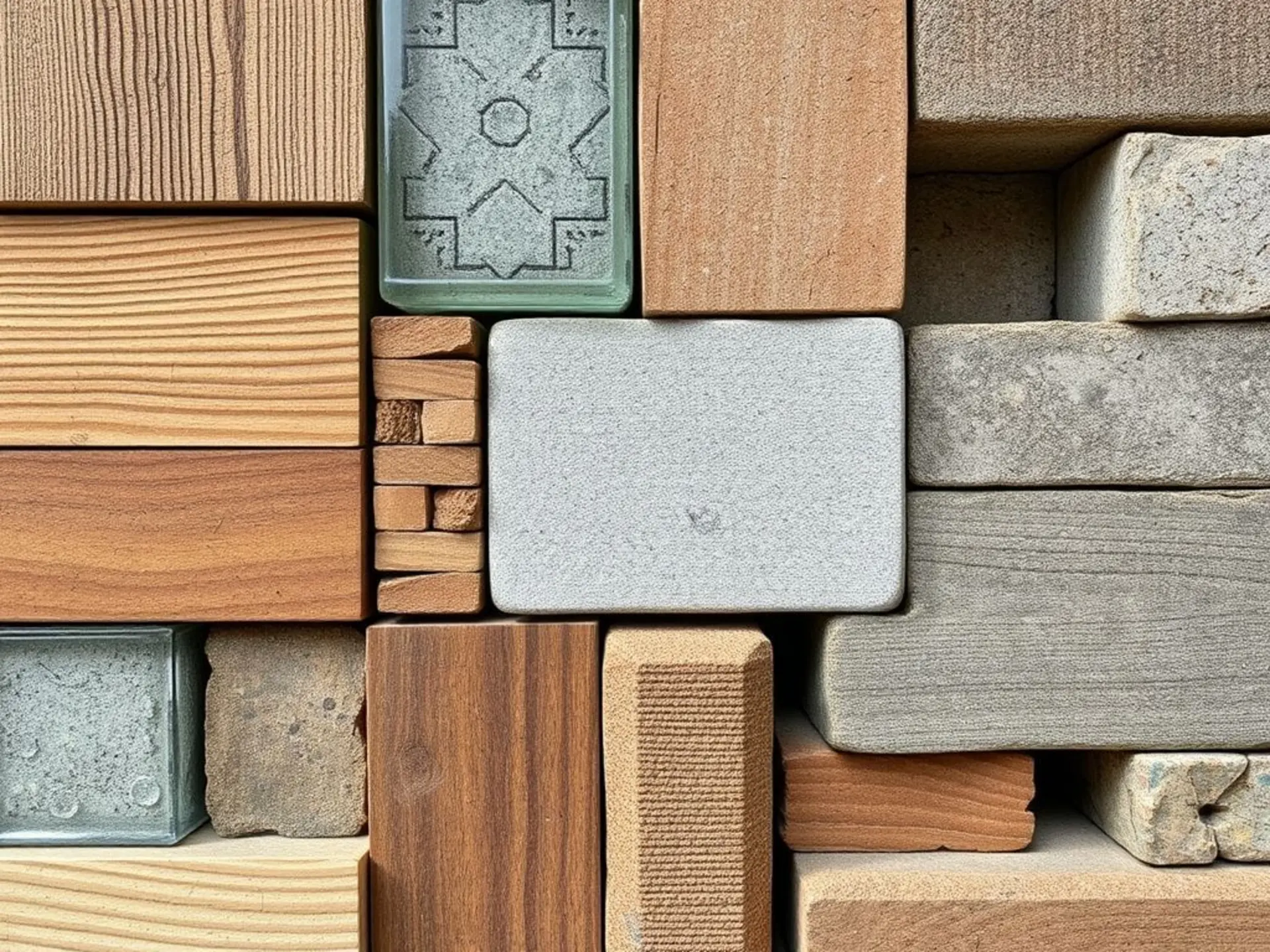 Close-up of an abstract texture collage showing various alternative building materials arranged in a geometric pattern. Visualize combinations of wood, recycled glass blocks, concrete, and salvaged bricks in earthy tones. Natural daylight illumination, focus on material diversity.