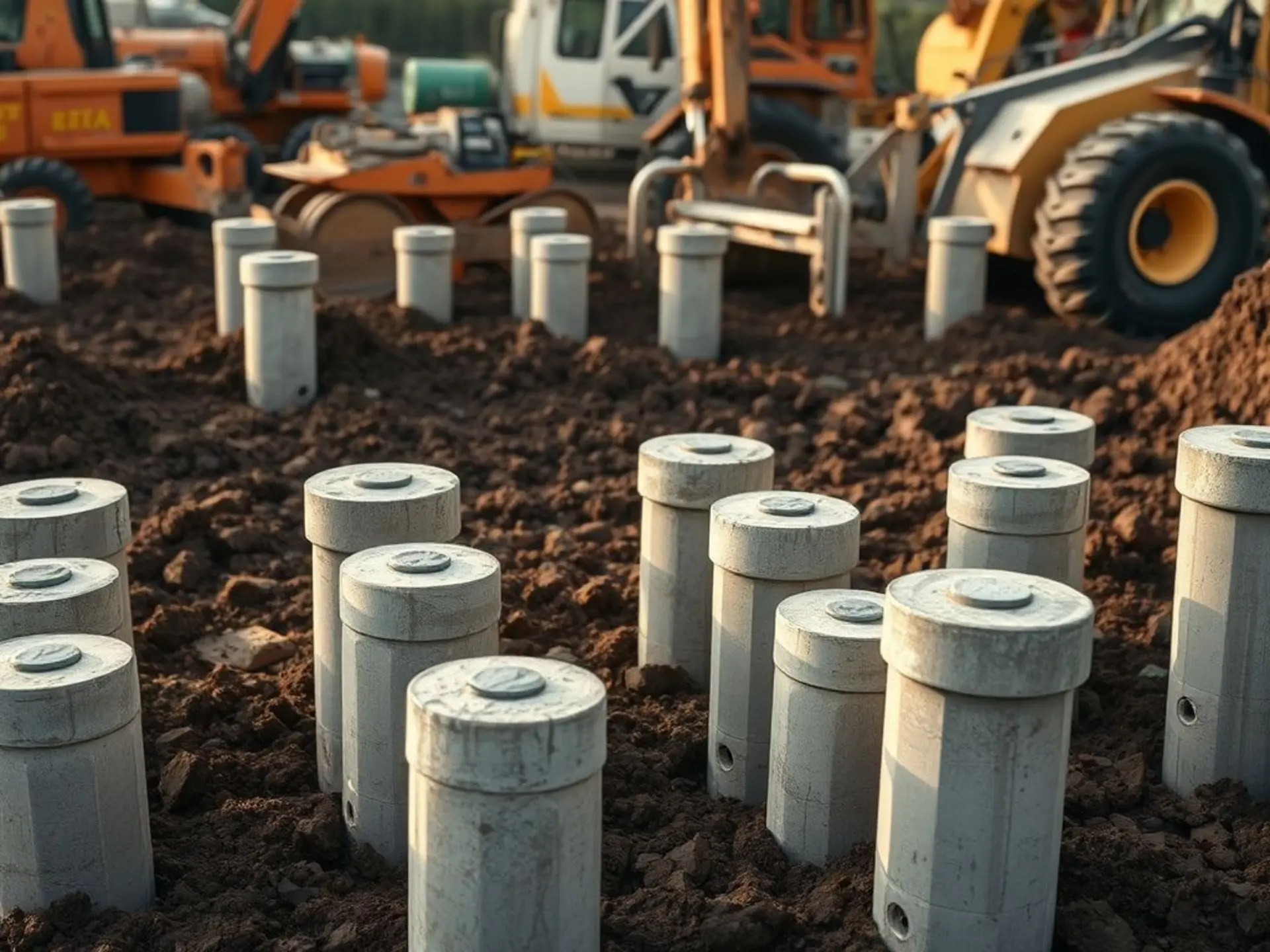 A close-up photo of sturdy concrete piles driven deep into dark brown soil, topped with a concrete cap. Piles are arranged in a grid pattern, surrounded by construction site equipment. Natural daylight, no people or text visible.